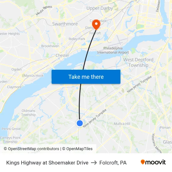 Kings Highway at Shoemaker Drive to Folcroft, PA map