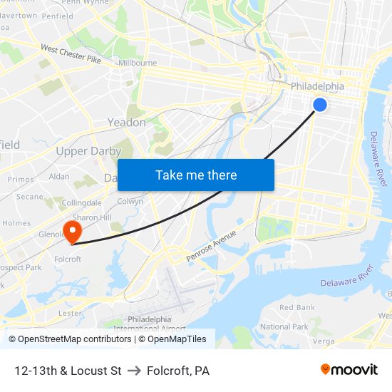 12-13th & Locust St to Folcroft, PA map