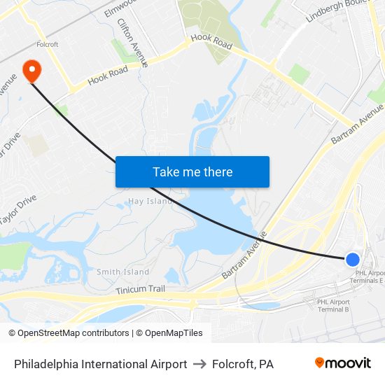 Philadelphia International Airport to Folcroft, PA map