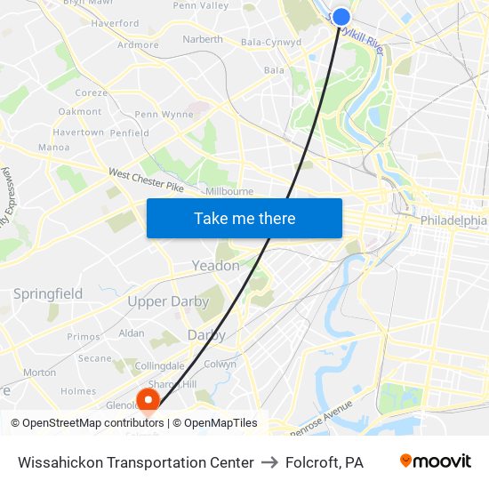 Wissahickon Transportation Center to Folcroft, PA map