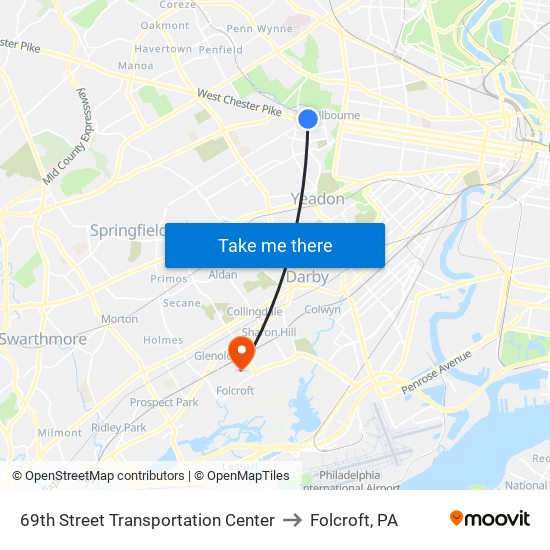 69th Street Transportation Center to Folcroft, PA map