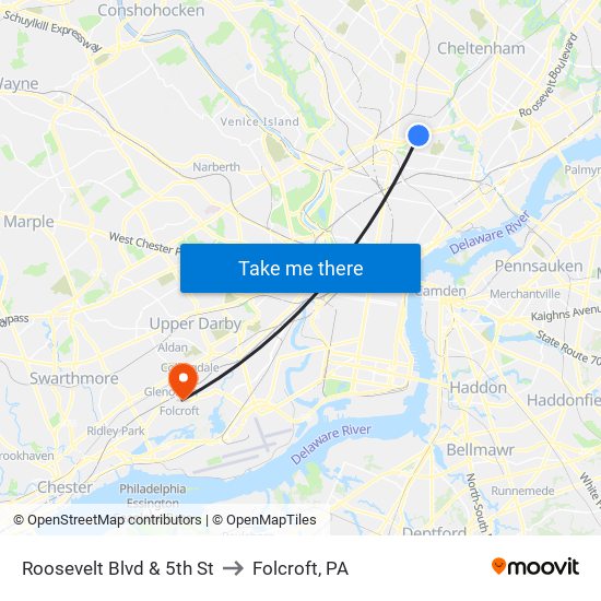 Roosevelt Blvd & 5th St to Folcroft, PA map