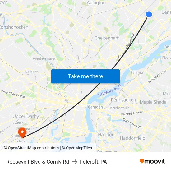 Roosevelt Blvd & Comly Rd to Folcroft, PA map