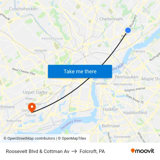 Roosevelt Blvd & Cottman Av to Folcroft, PA map