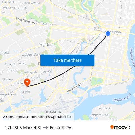 17th St & Market St to Folcroft, PA map