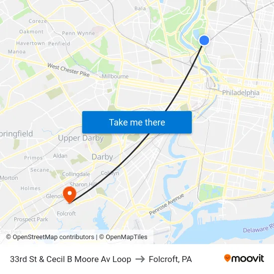 33rd St & Cecil B Moore Av Loop to Folcroft, PA map