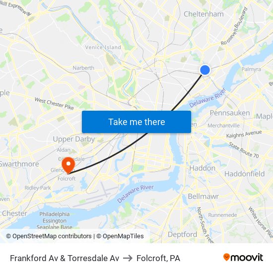 Frankford Av & Torresdale Av to Folcroft, PA map