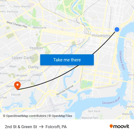 2nd St & Green St to Folcroft, PA map