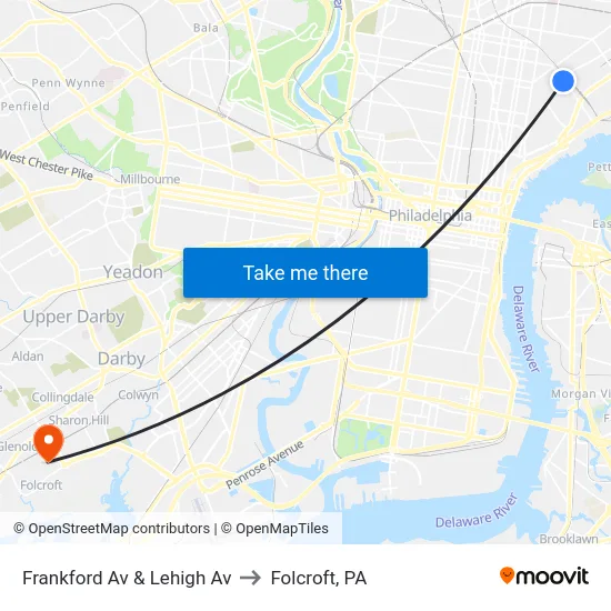 Frankford Av & Lehigh Av to Folcroft, PA map
