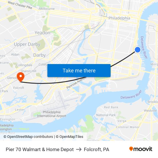 Pier 70 Walmart & Home Depot to Folcroft, PA map