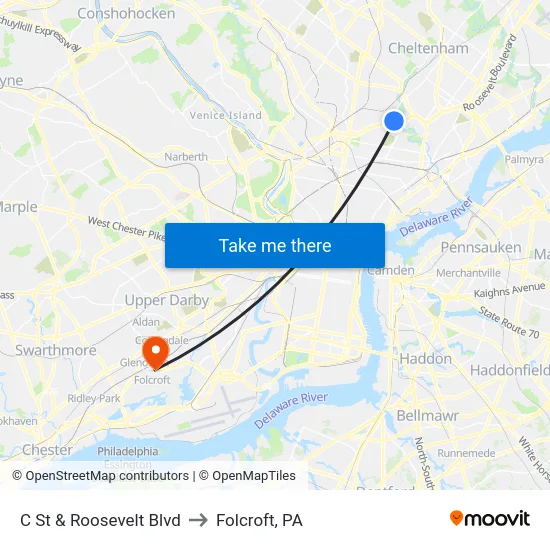 C St & Roosevelt Blvd to Folcroft, PA map