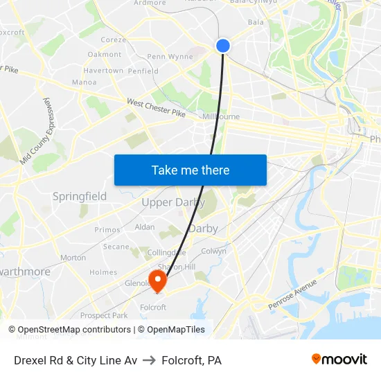 Drexel Rd & City Line Av to Folcroft, PA map