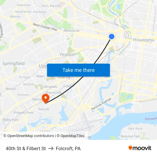 40th St & Filbert St to Folcroft, PA map