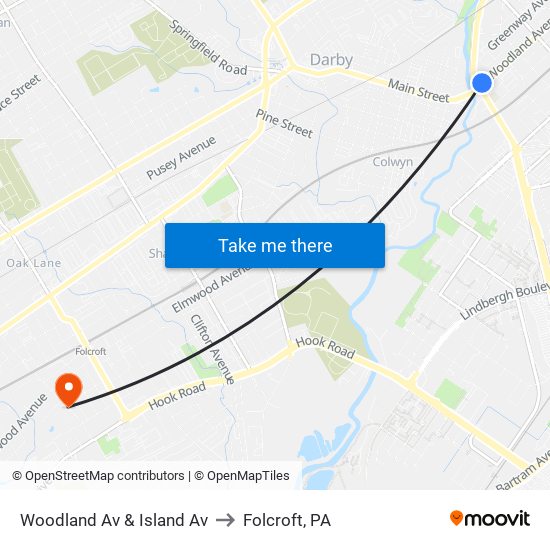 Woodland Av & Island Av to Folcroft, PA map