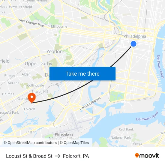 Locust St & Broad St to Folcroft, PA map