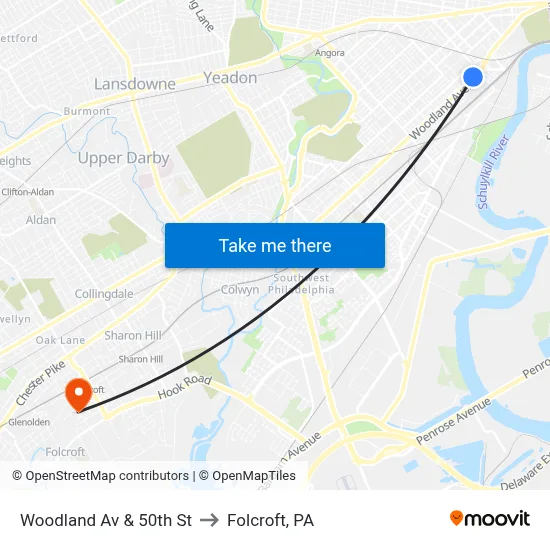 Woodland Av & 50th St to Folcroft, PA map