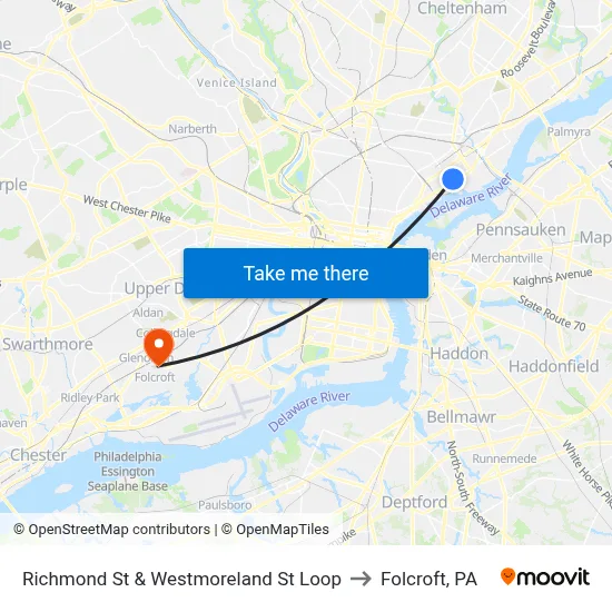Richmond St & Westmoreland St Loop to Folcroft, PA map