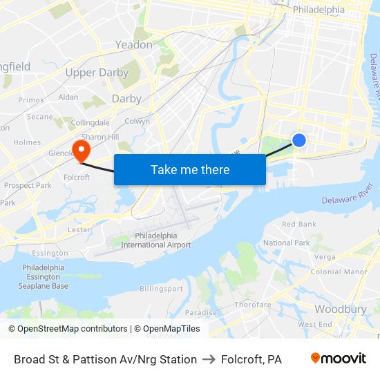 Broad St & Pattison Av/Nrg Station to Folcroft, PA map