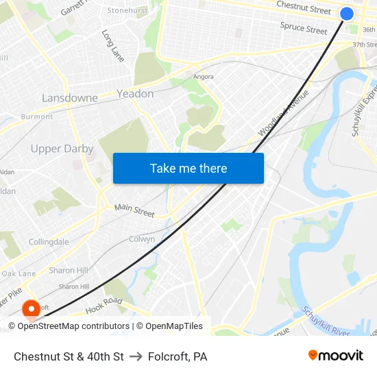 Chestnut St & 40th St to Folcroft, PA map