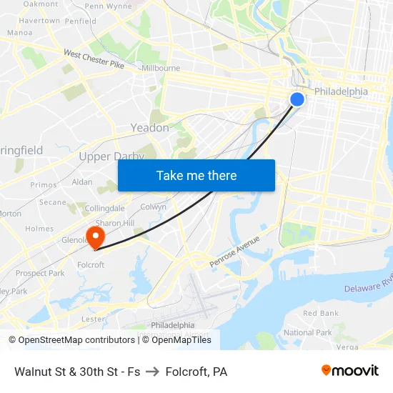 Walnut St & 30th St - Fs to Folcroft, PA map
