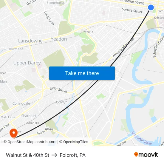 Walnut St & 40th St to Folcroft, PA map