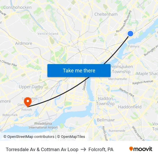 Torresdale Av & Cottman Av Loop to Folcroft, PA map