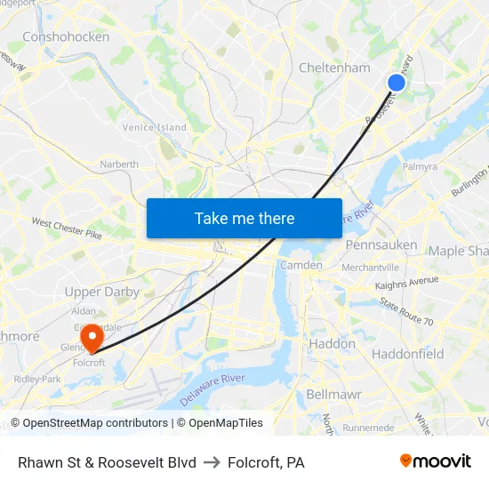 Rhawn St & Roosevelt Blvd to Folcroft, PA map