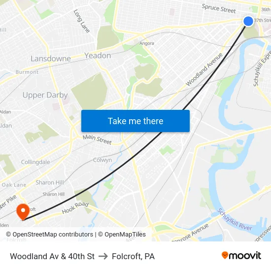 Woodland Av & 40th St to Folcroft, PA map
