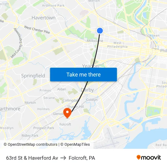63rd St & Haverford Av to Folcroft, PA map