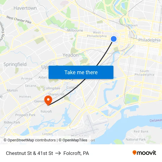 Chestnut St & 41st St to Folcroft, PA map