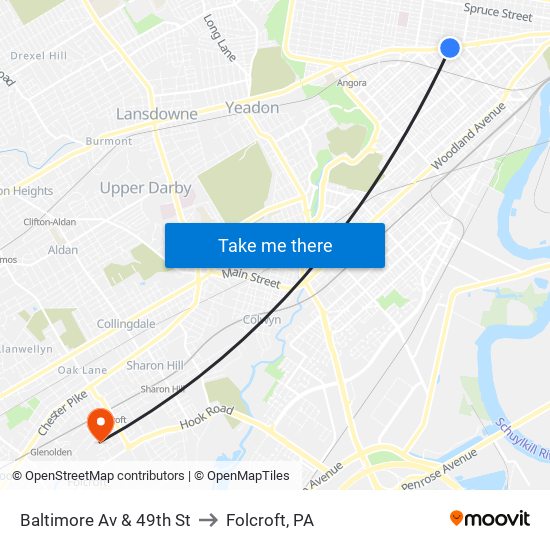 Baltimore Av & 49th St to Folcroft, PA map