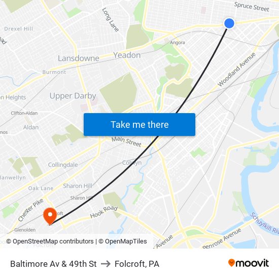 Baltimore Av & 49th St to Folcroft, PA map