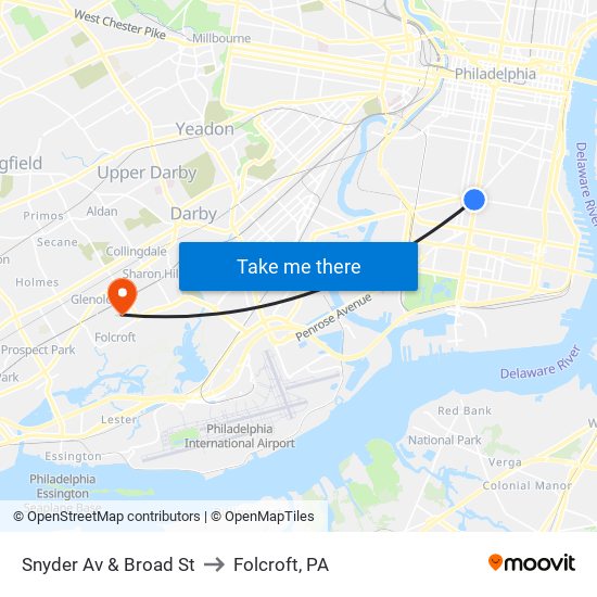 Snyder Av & Broad St to Folcroft, PA map