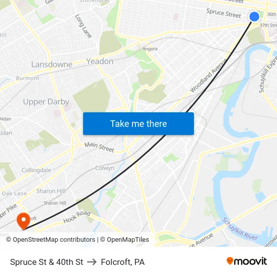 Spruce St & 40th St to Folcroft, PA map