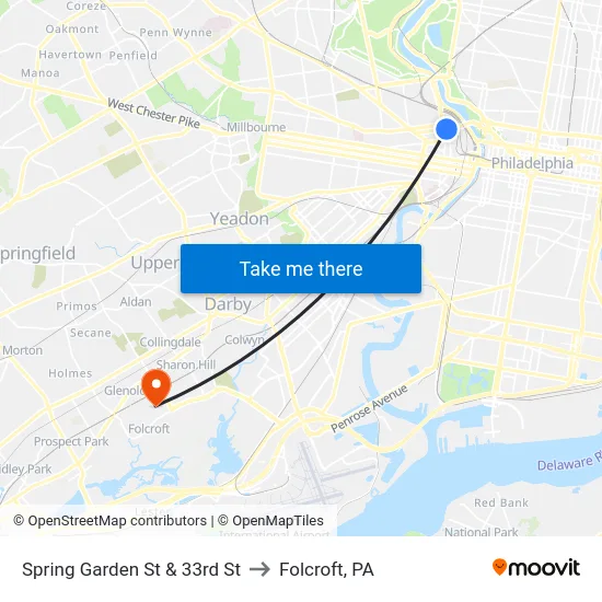 Spring Garden St & 33rd St to Folcroft, PA map