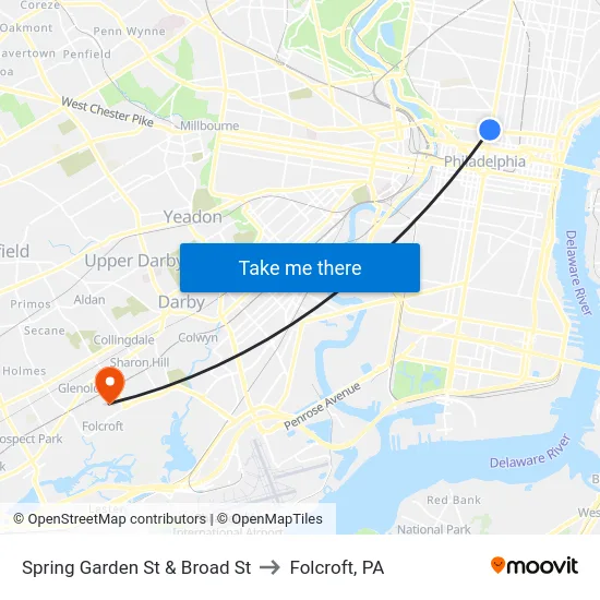 Spring Garden St & Broad St to Folcroft, PA map