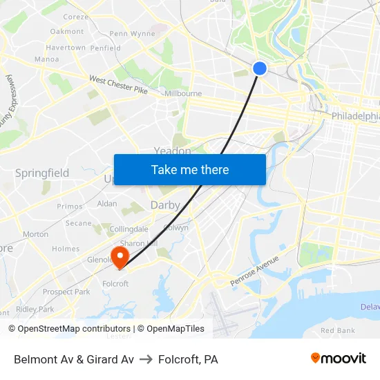 Belmont Av & Girard Av to Folcroft, PA map