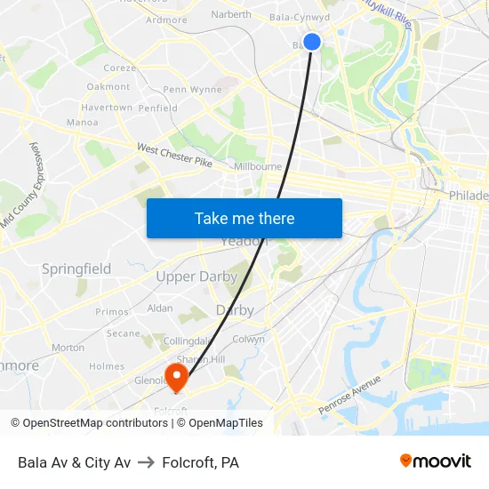 Bala Av & City Av to Folcroft, PA map