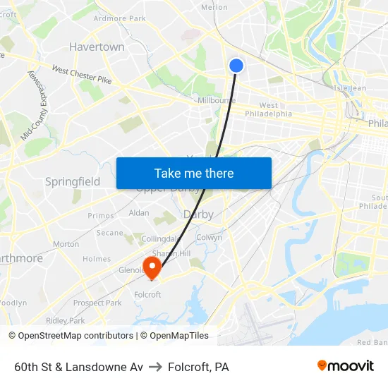 60th St & Lansdowne Av to Folcroft, PA map