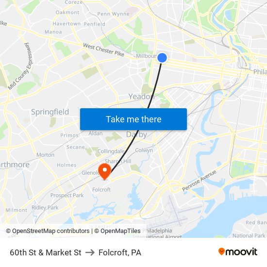 60th St & Market St to Folcroft, PA map