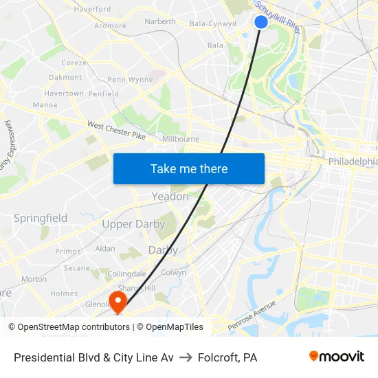 Presidential Blvd & City Line Av to Folcroft, PA map