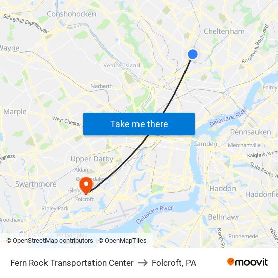 Fern Rock Transportation Center to Folcroft, PA map