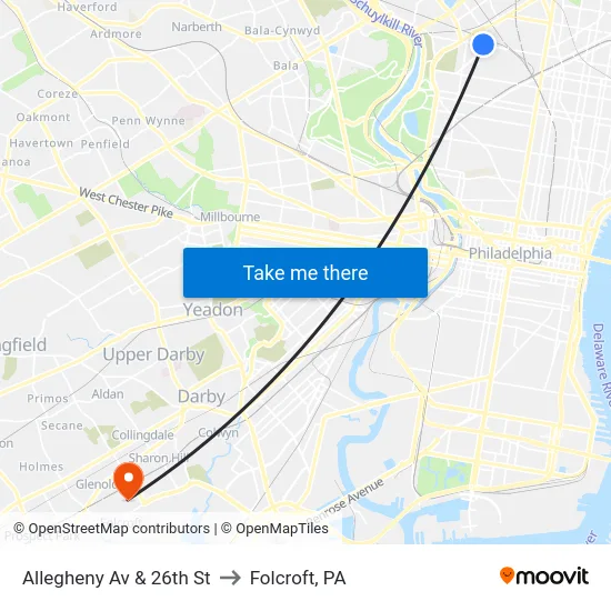 Allegheny Av & 26th St to Folcroft, PA map