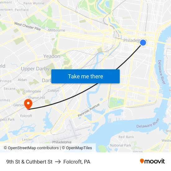 9th St & Cuthbert St to Folcroft, PA map