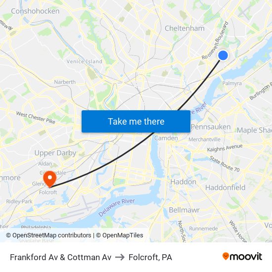 Frankford Av & Cottman Av to Folcroft, PA map