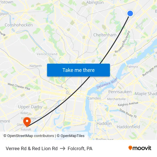 Verree Rd & Red Lion Rd to Folcroft, PA map