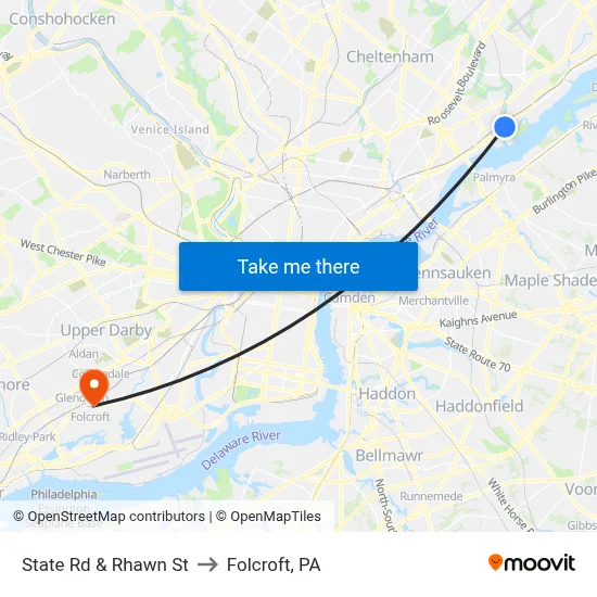 State Rd & Rhawn St to Folcroft, PA map