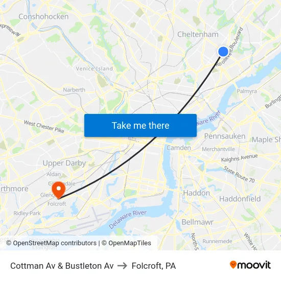 Cottman Av & Bustleton Av to Folcroft, PA map