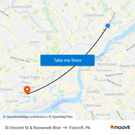 St Vincent St & Roosevelt Blvd to Folcroft, PA map