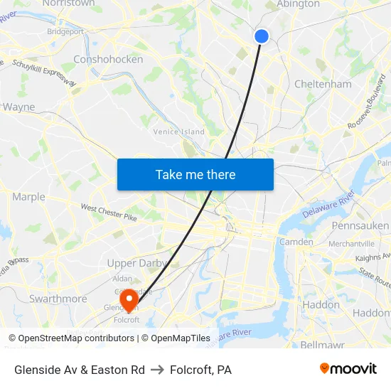 Glenside Av & Easton Rd to Folcroft, PA map